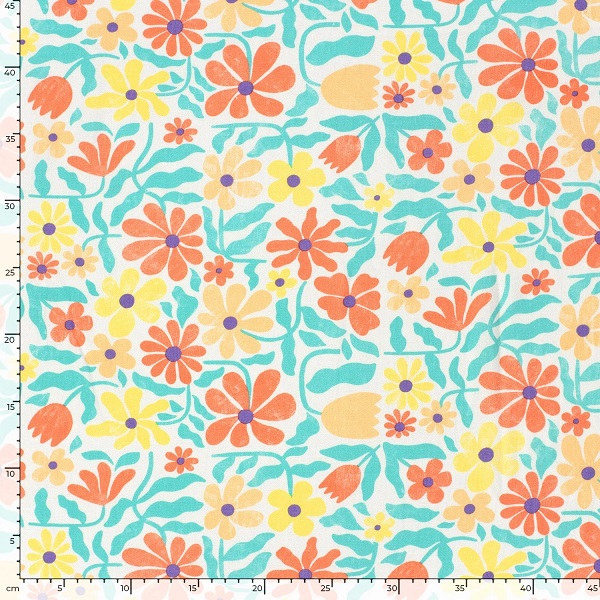 Viscose/hør med farvrige blomster