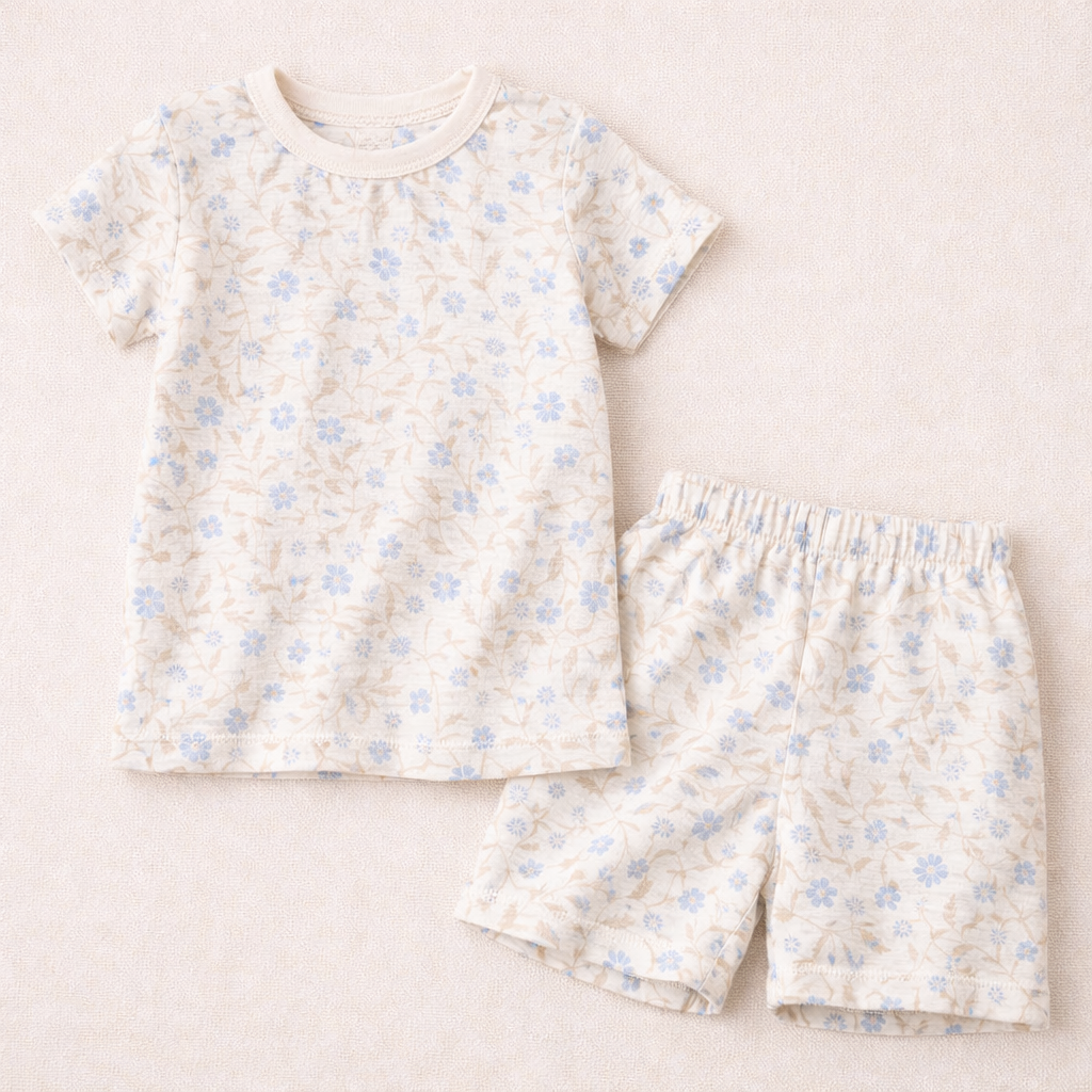 Double gauze med blomster (musselin), lyseblå