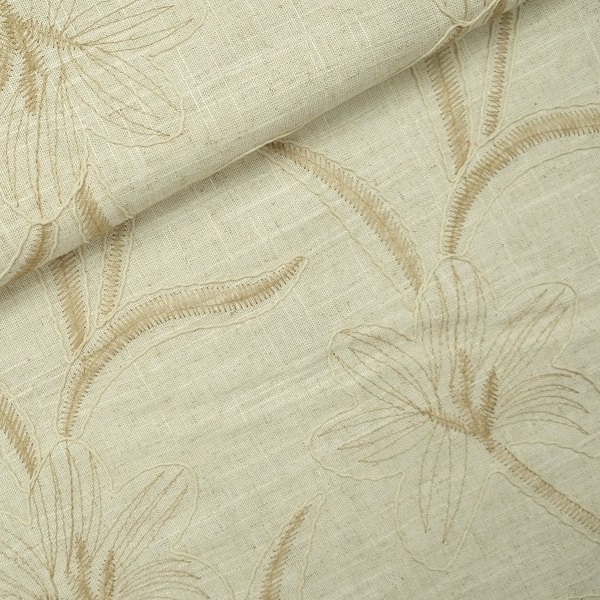 Broderet metervare med blomster, viscose/hør