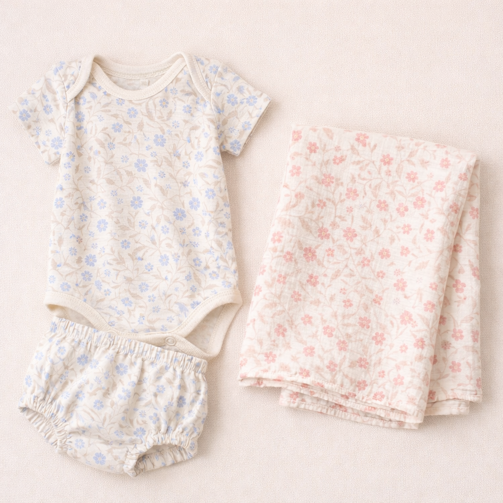 Double gauze med blomster (musselin), lyseblå