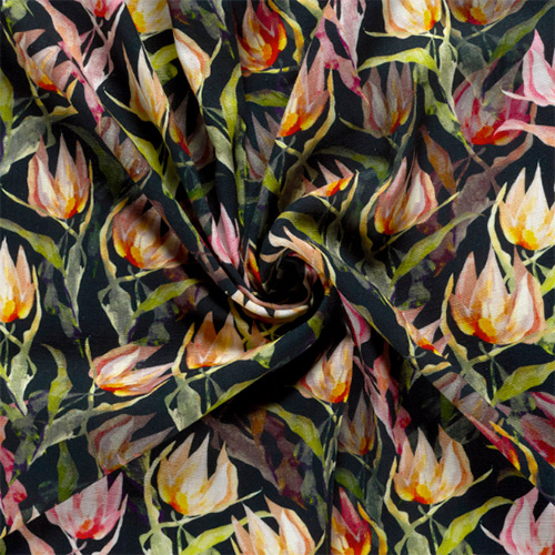 Viscose/hør med blomster, orange/lyserød op mørk baggrund