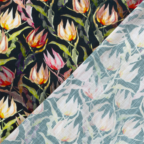 Viscose/hør med blomster, orange/lyserød op mørk baggrund