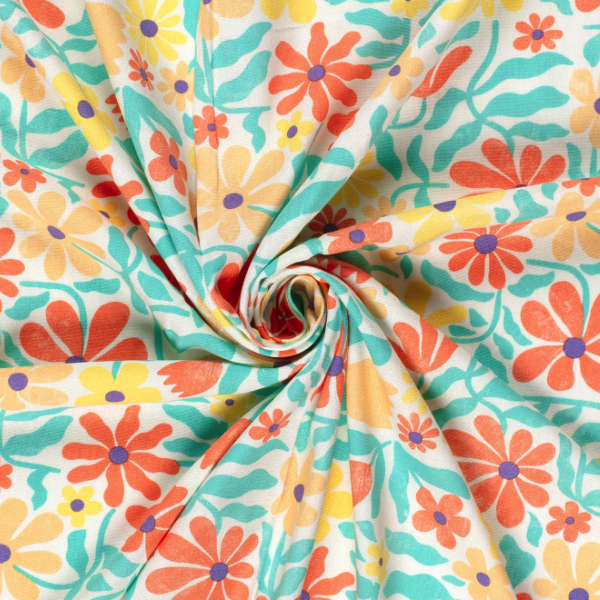 Viscose/hør med farvrige blomster