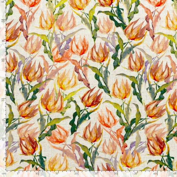 Viscose/hør med blomster, gul/orange med lys baggrund