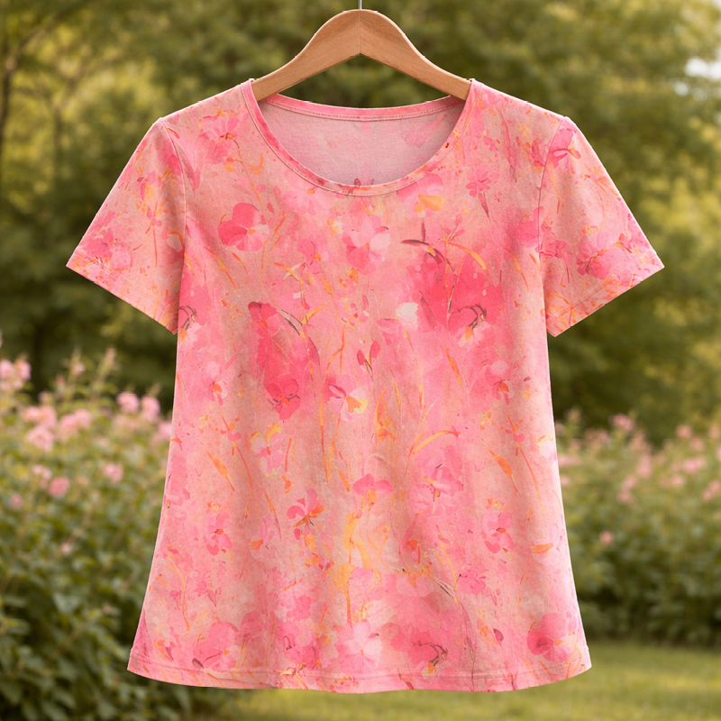 Viscose med blomster, lyserød