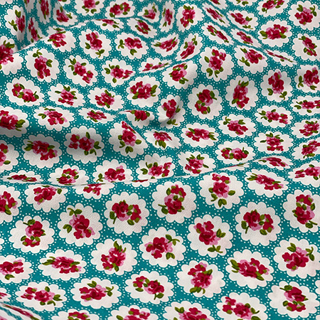 Poplin blomster, metervare 1120 mm, turkis