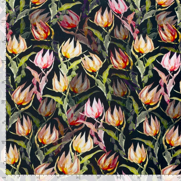 Viscose/hør med blomster, orange/lyserød op mørk baggrund