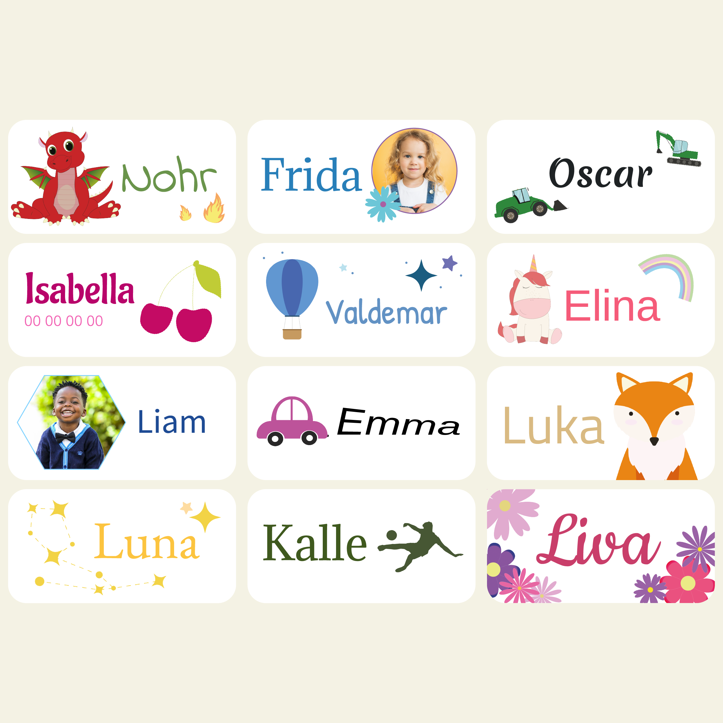 Navnelapper (etiketter), design selv, ark á 30 stk.