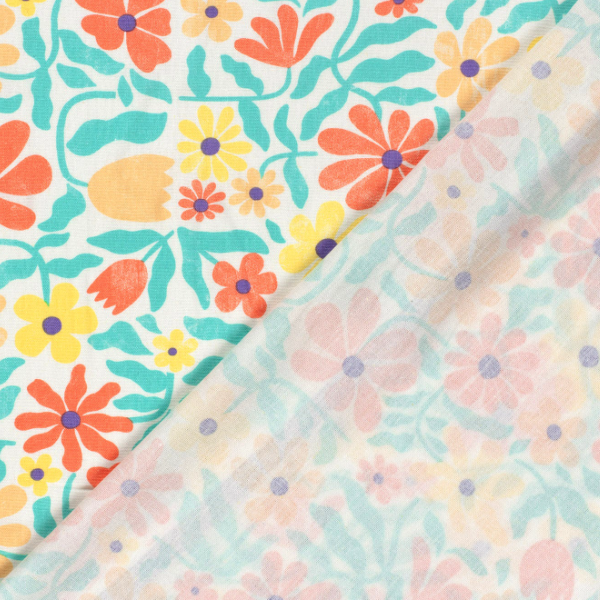 Viscose/hør med farvrige blomster