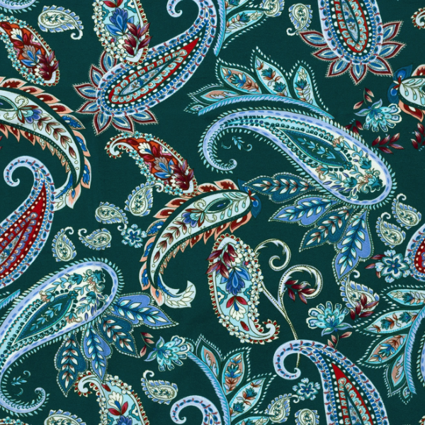Viscose jersey med grønt paisley mønster