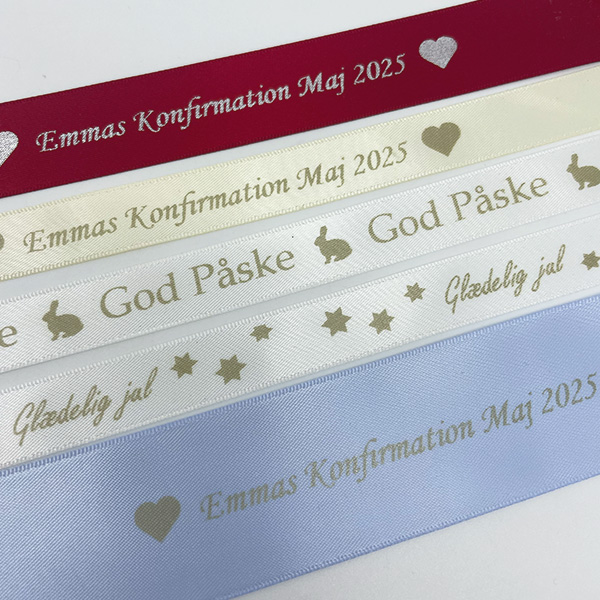 Satin bånd med eget design, etfarvet (folietryk), 5 meter, 15mm