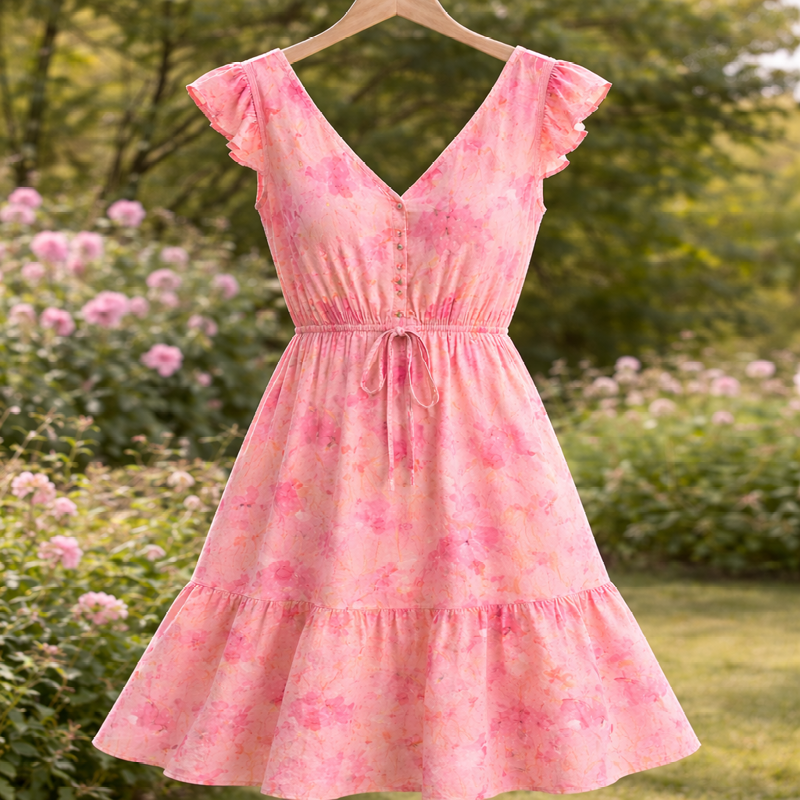 Viscose med blomster, lyserød