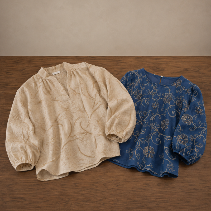 Broderet metervare med blomster, viscose/hør