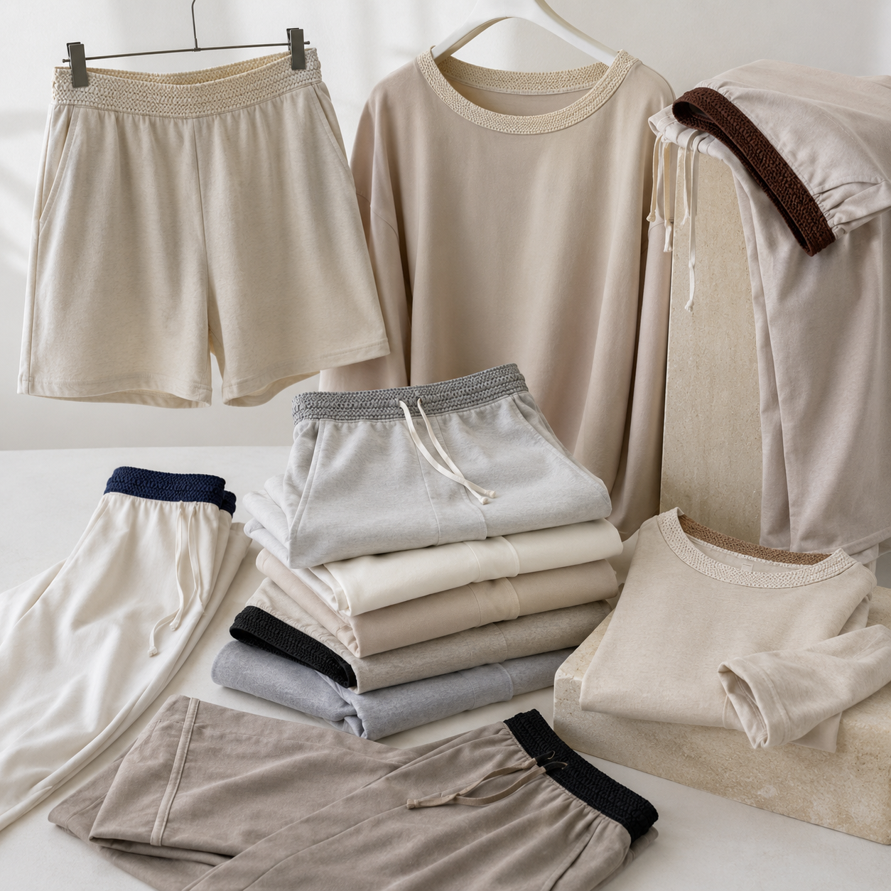 Elastisk strikket bånd, beige